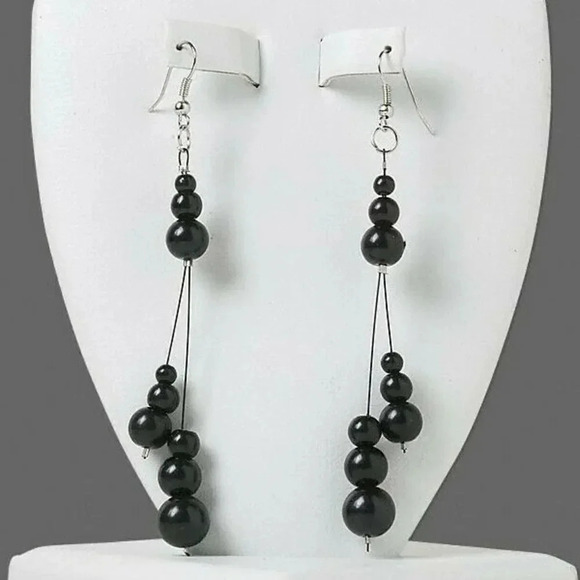 Hand Crafted Black Graduated Glass Pearl Triple Dangle 4" Long Dangle Earrings - Picture 1 of 2